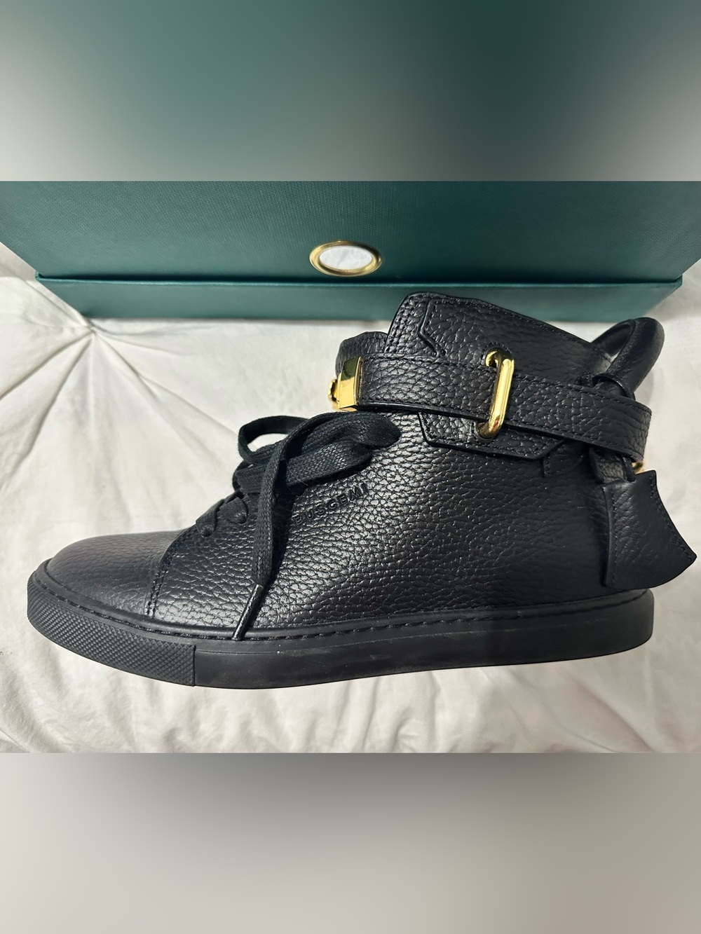 Buscemi Black Pebbled Leather High-Top Sneaker with Gold Hardware